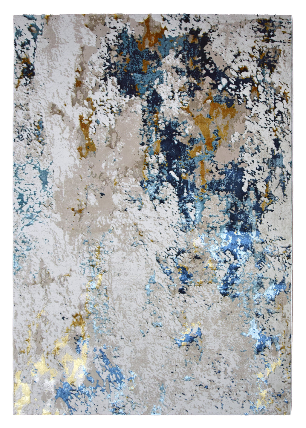 Paradise Living – Tapete Moderno Batik 38/004 Azul, padrão abstrato em tons azul, dourado e bege, pelo macio em pol