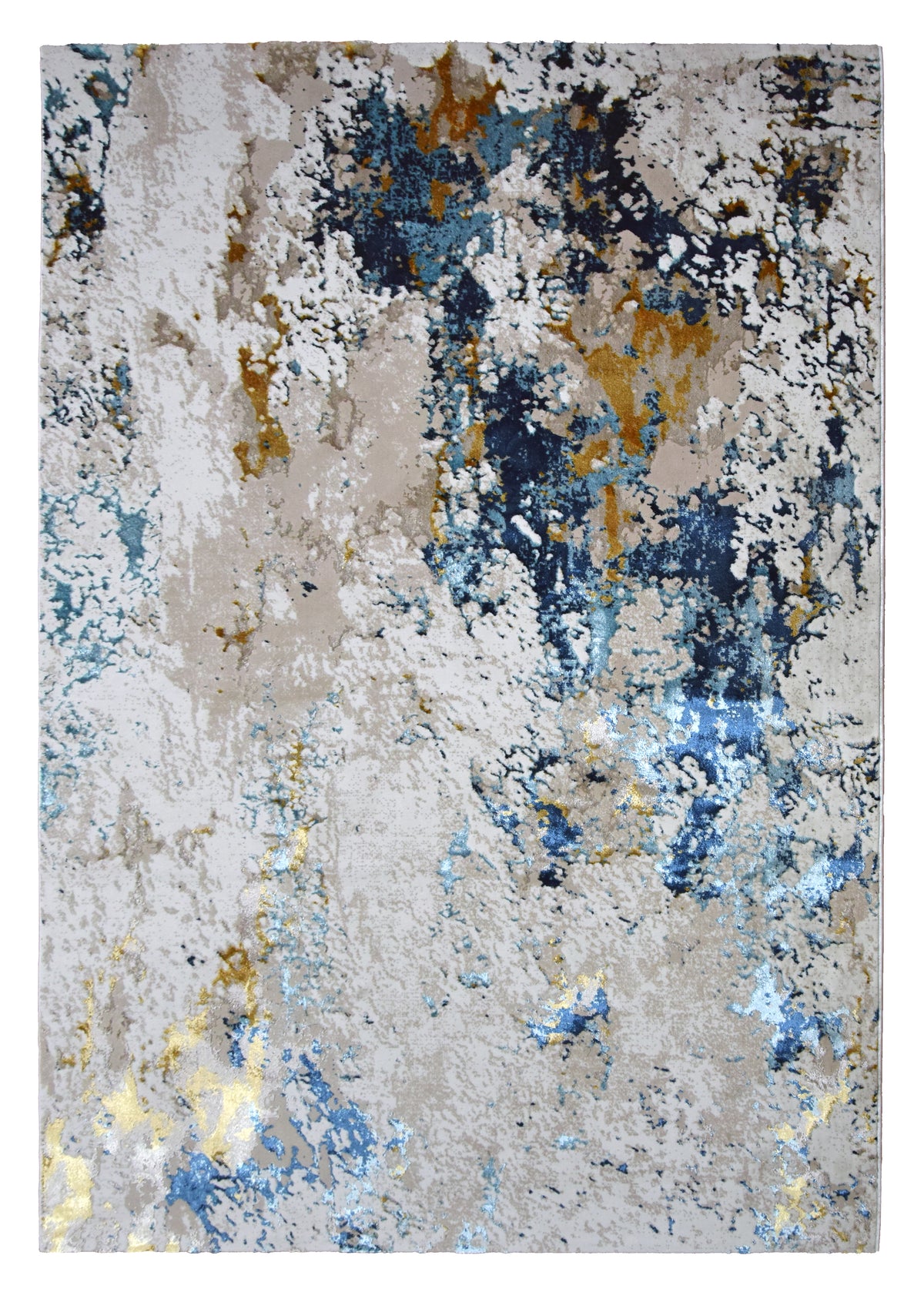Paradise Living – Tapete Moderno Batik 38/004 Azul, padrão abstrato em tons azul, dourado e bege, pelo macio em pol