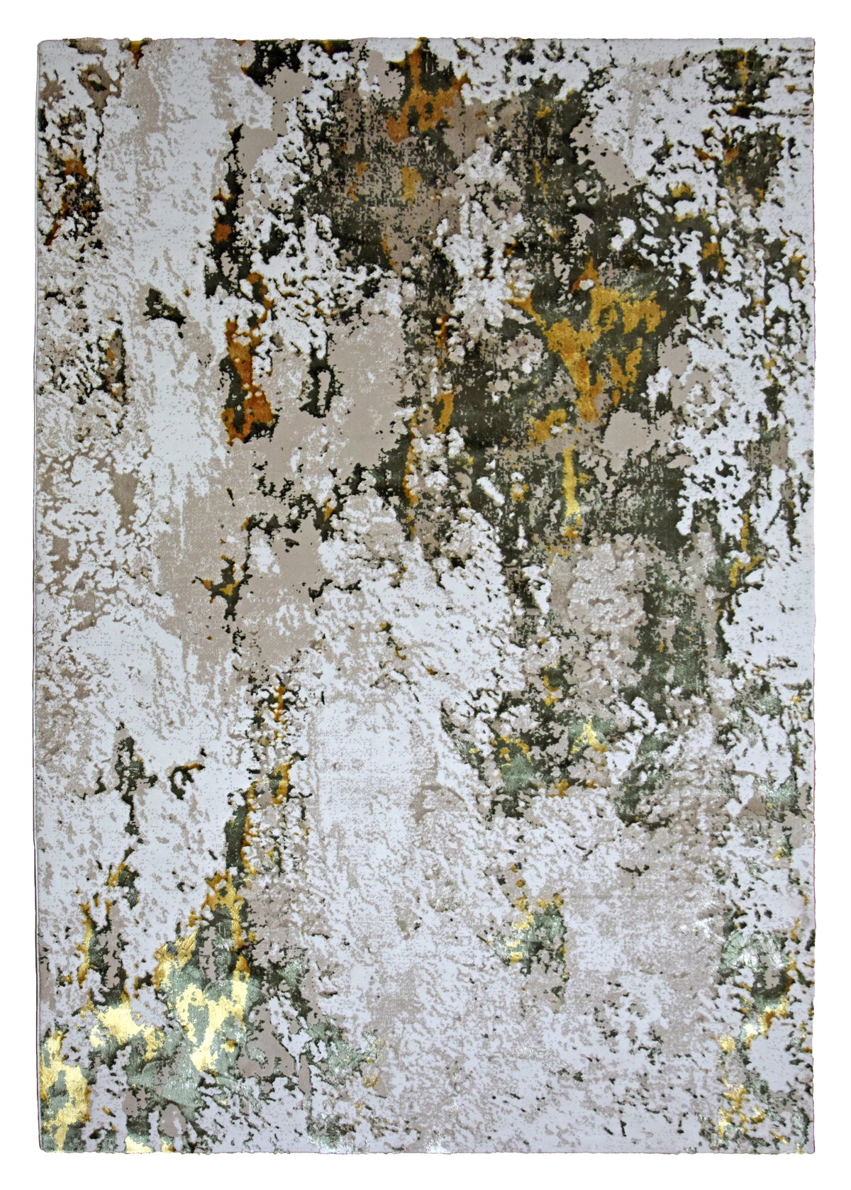 Paradise Living – Tapete Moderno Batik 38/005 Verde, padrão abstrato em tons verde, branco e dourado, pelo macio em polipropileno e viscose brilhante
