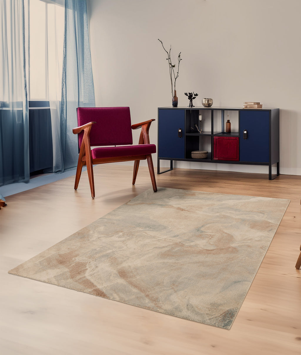 Paradise Living – Tapete Corfu 57721 em sala de estar com cadeira vintage e aparador azul