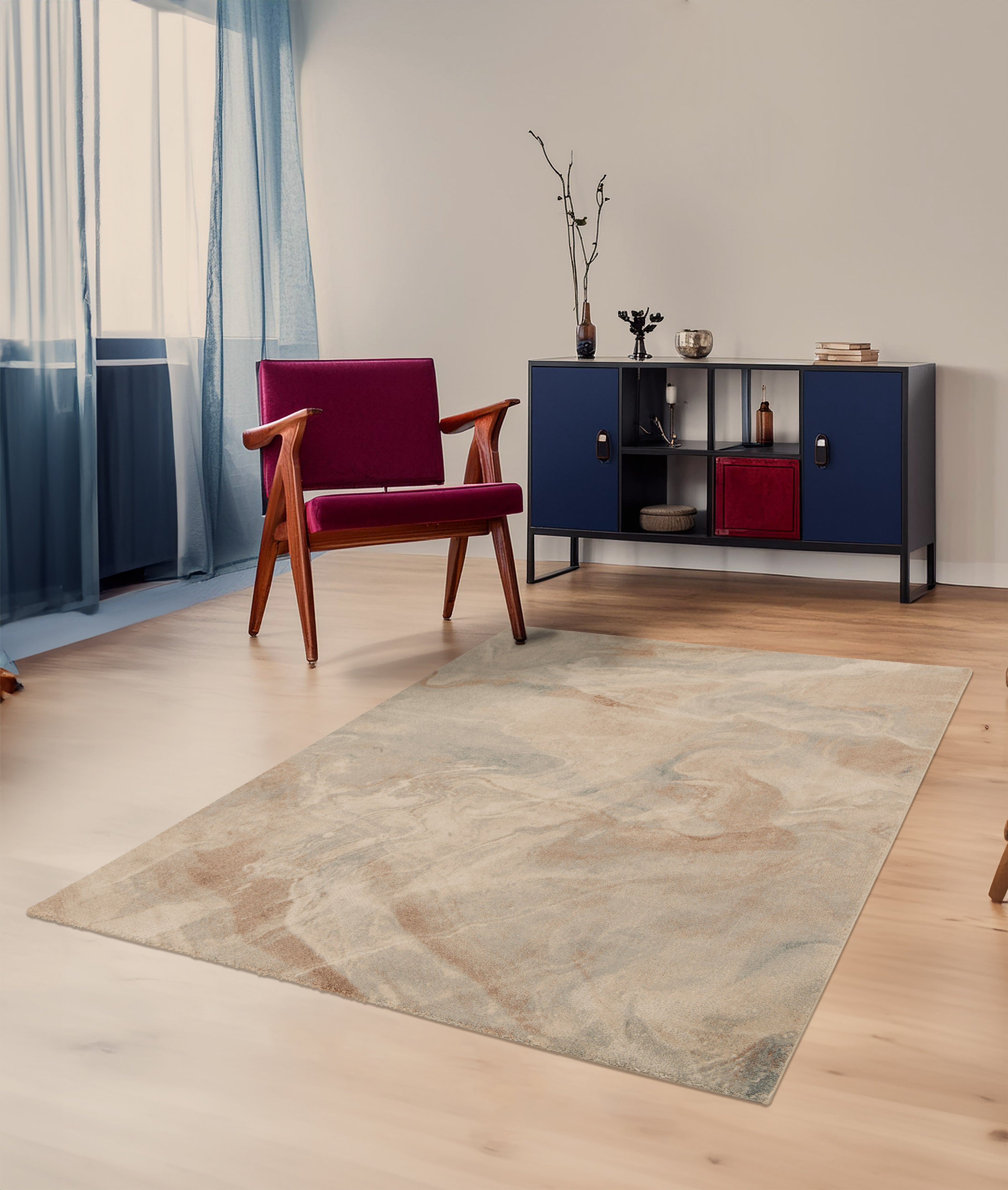 Paradise Living – Tapete Corfu 57721 em sala de estar com cadeira vintage e aparador azul