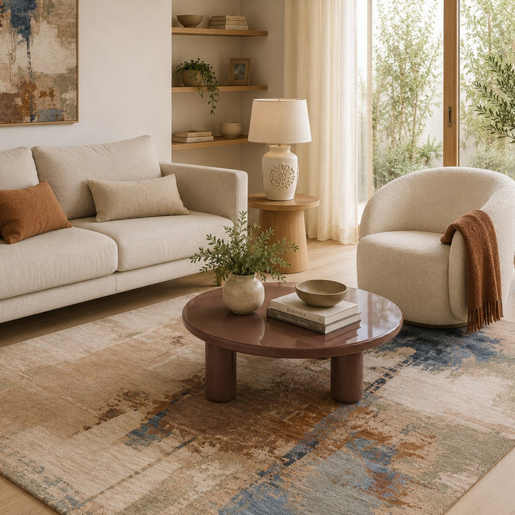 Paradise Living – Tapete Abstrato Odense 7403/004 em sala de estar natural com sofá branco bouclé, poltrona redonda, mesa de centro em madeira escura e vista para jardim