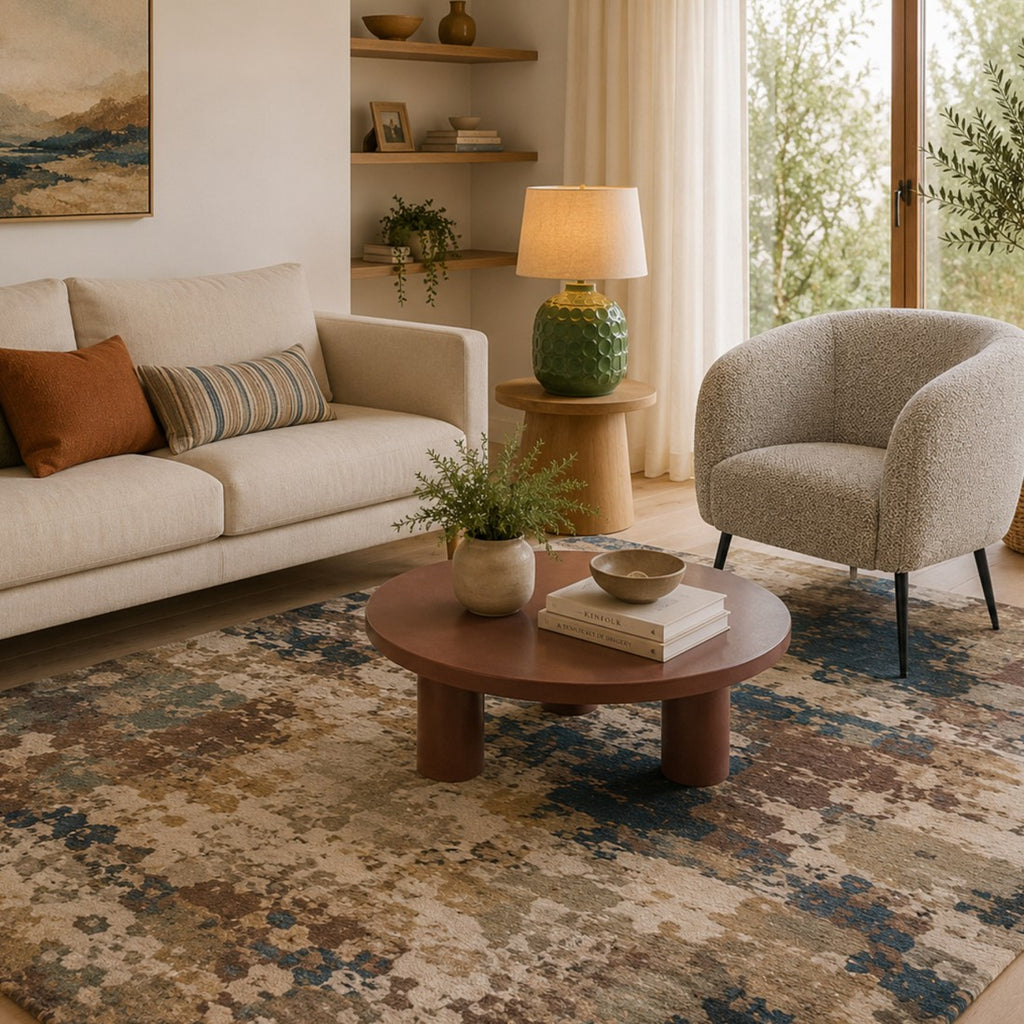 Paradise Living – Tapete Odense 7748/004 Multicolor em sala de estar natural com sofá bege, poltrona cinza, mesa redonda em madeira escura e vista para jardim