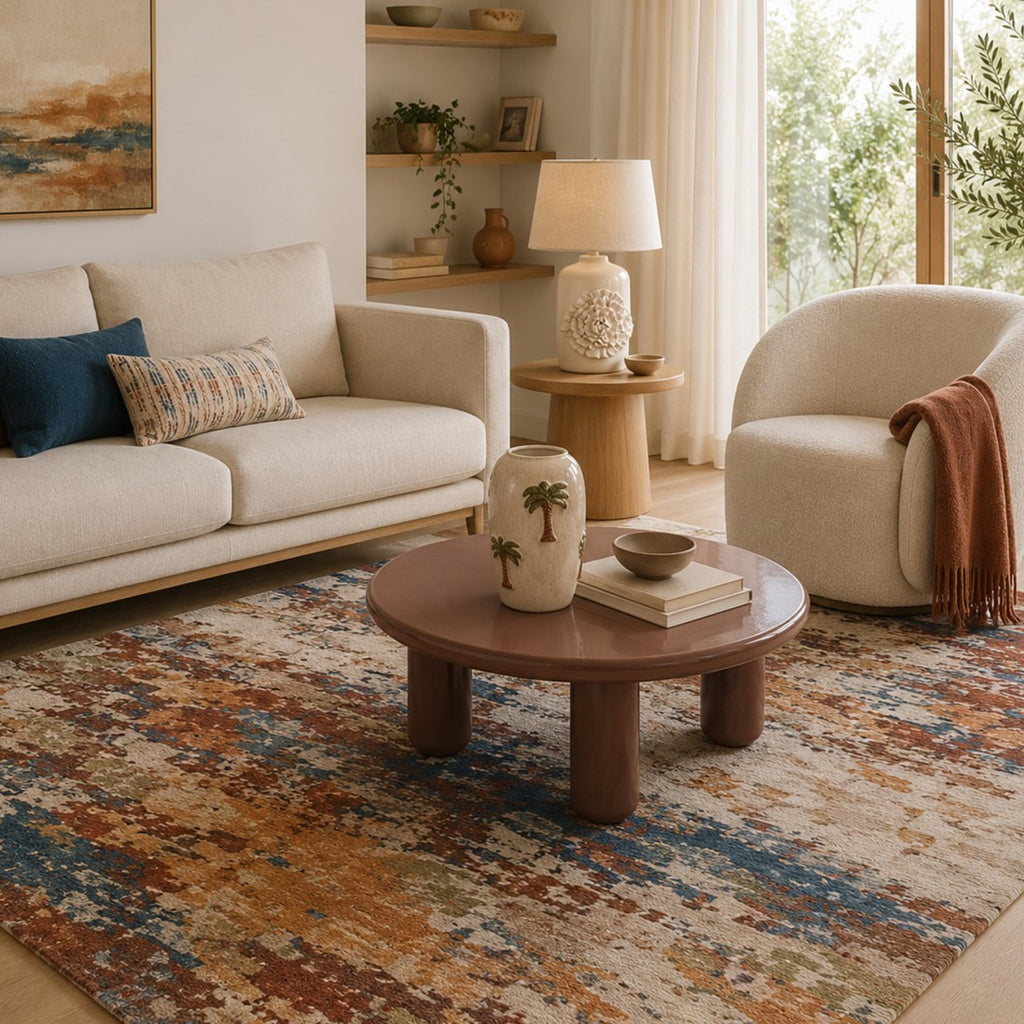 Paradise Living – Tapete Odense 7761/004 Multicolor em sala de estar acolhedora com sofá bege, poltrona redonda e mesa de centro em madeira escura
