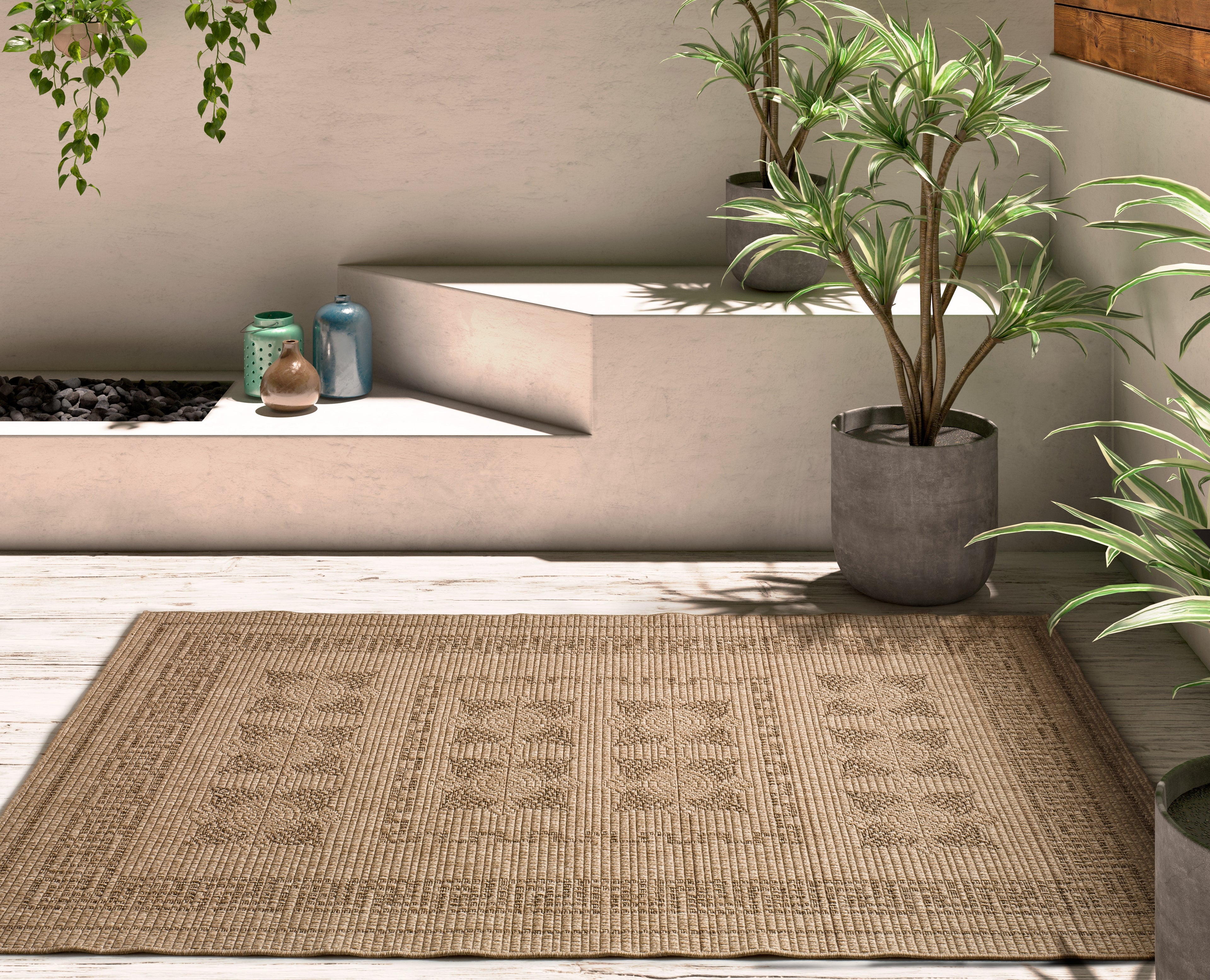 Tapete de exterior Acra 5046 Natural em tom castanho, com textura natural, ambiente | Paradise Living