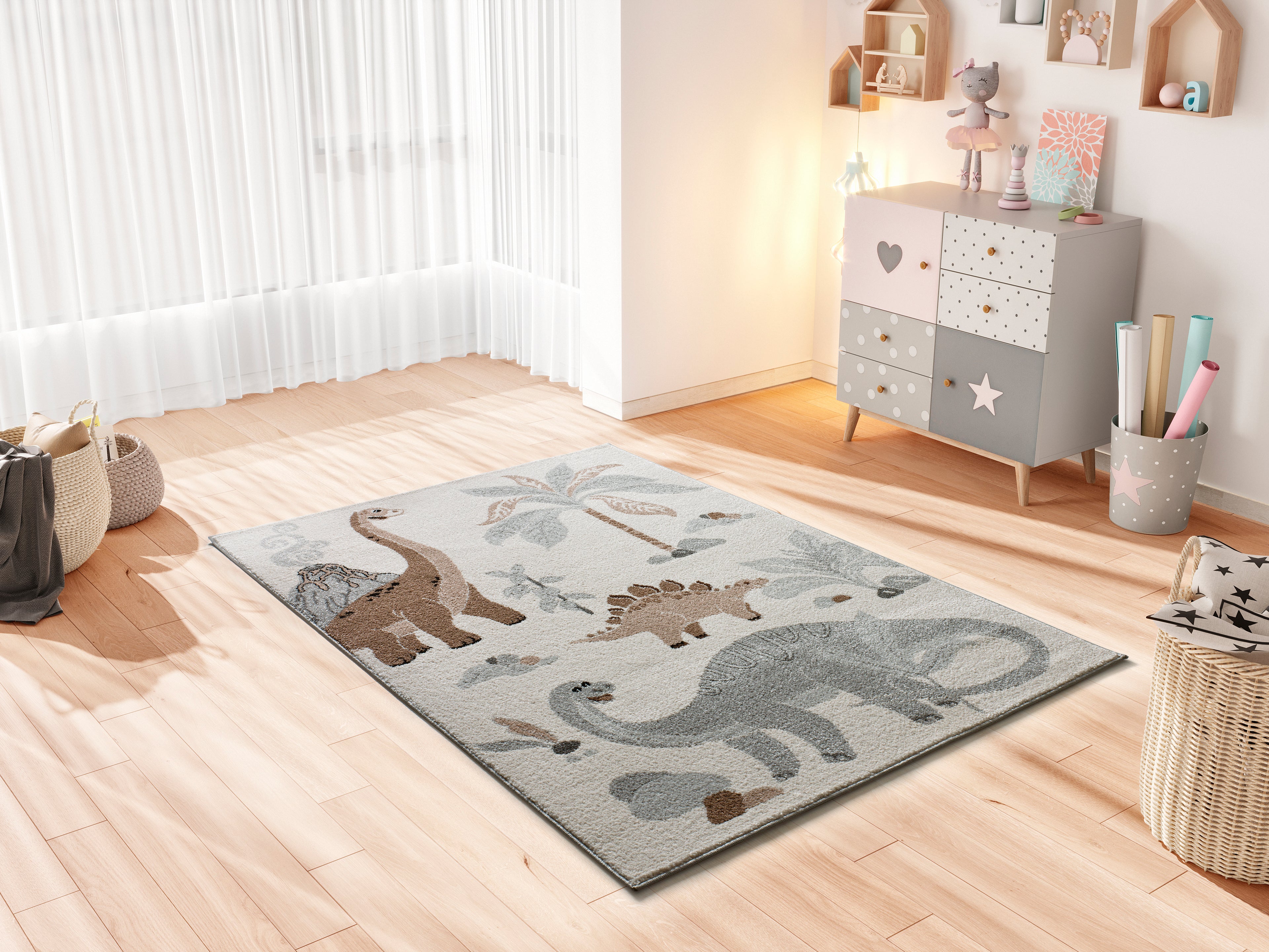 Tapete infantil Beats 40254 dinossauros jurássico em ambiente de quarto de criança