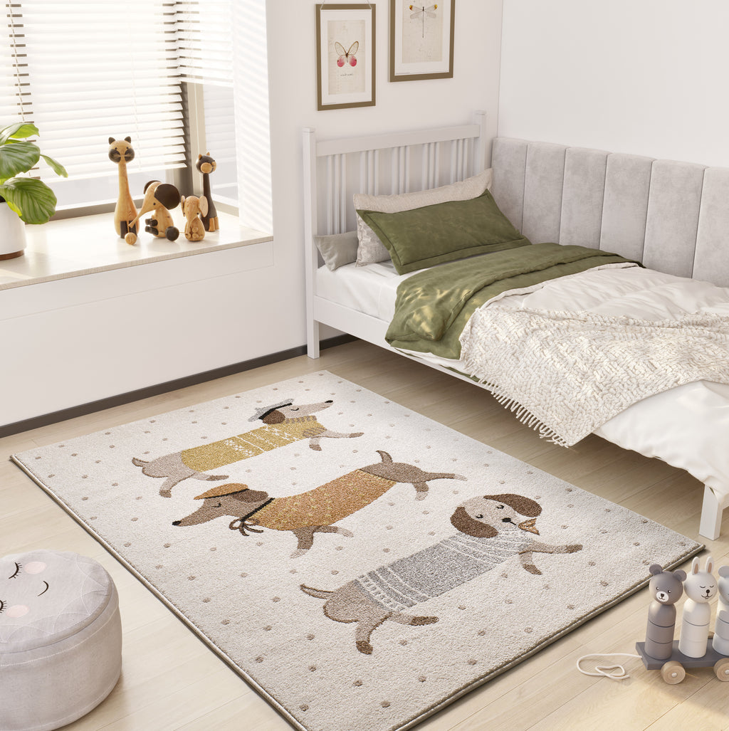 Tapete infantil Beats 40485 cães salsicha em ambiente de quarto de criança