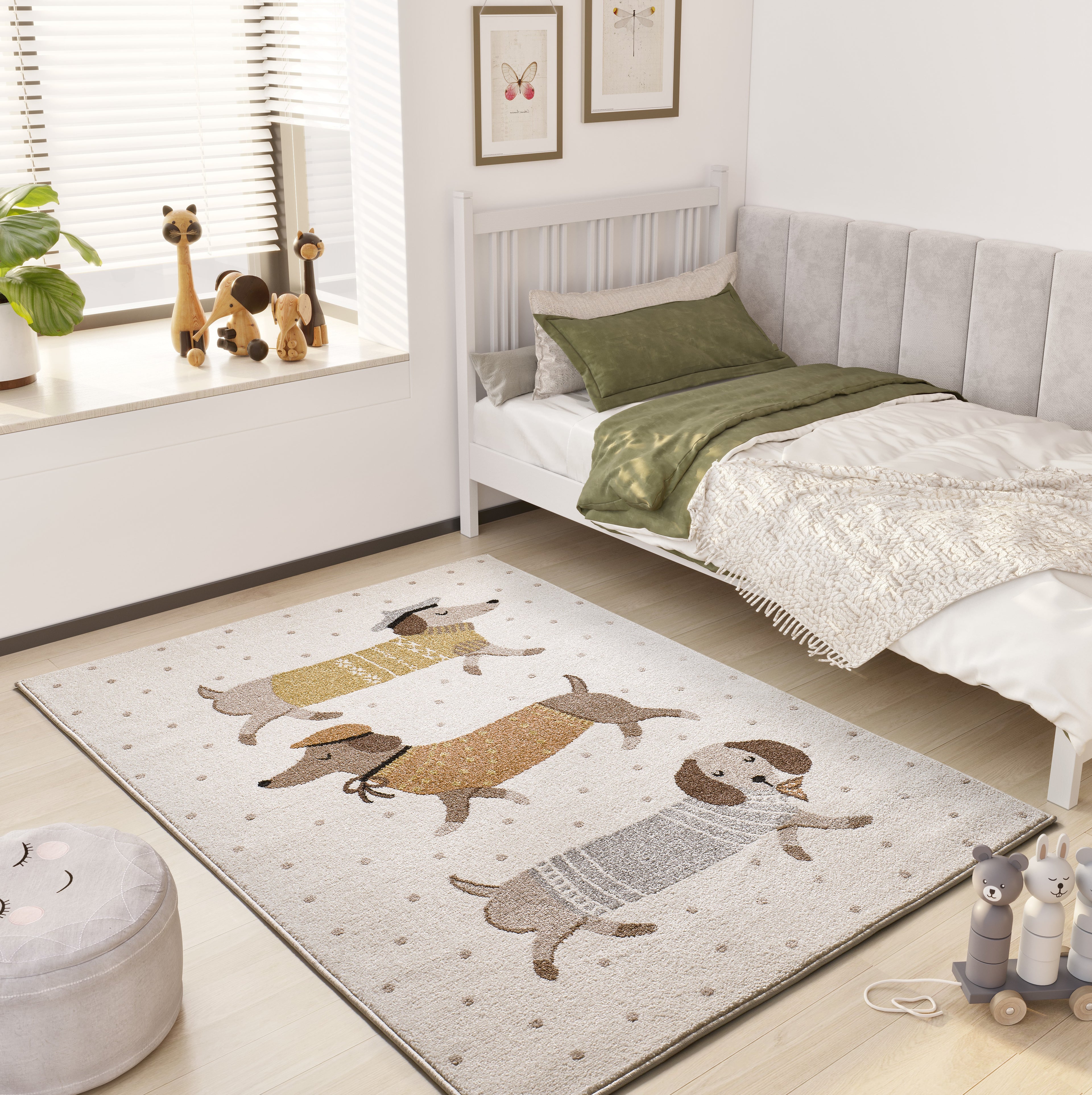 Tapete infantil Beats 40485 cães salsicha em ambiente de quarto de criança