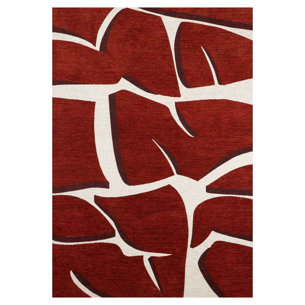 Paradise Living – Tapete Abstrato Bliss 006 Vermelho, base vermelha com traços curvos em bege, acabamento em chenille com relevo