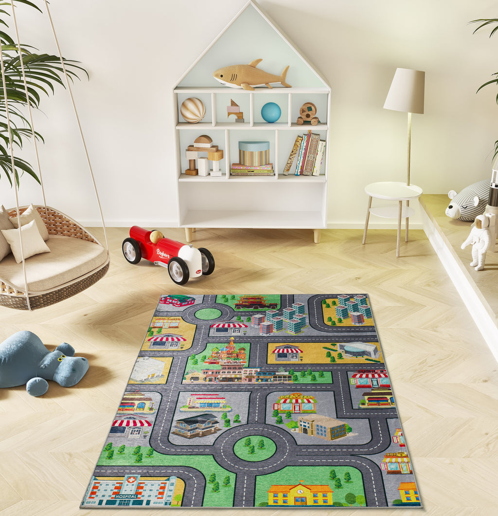 Tapete infantil Candy 22005 mapa de cidade em ambiente de quarto de criança