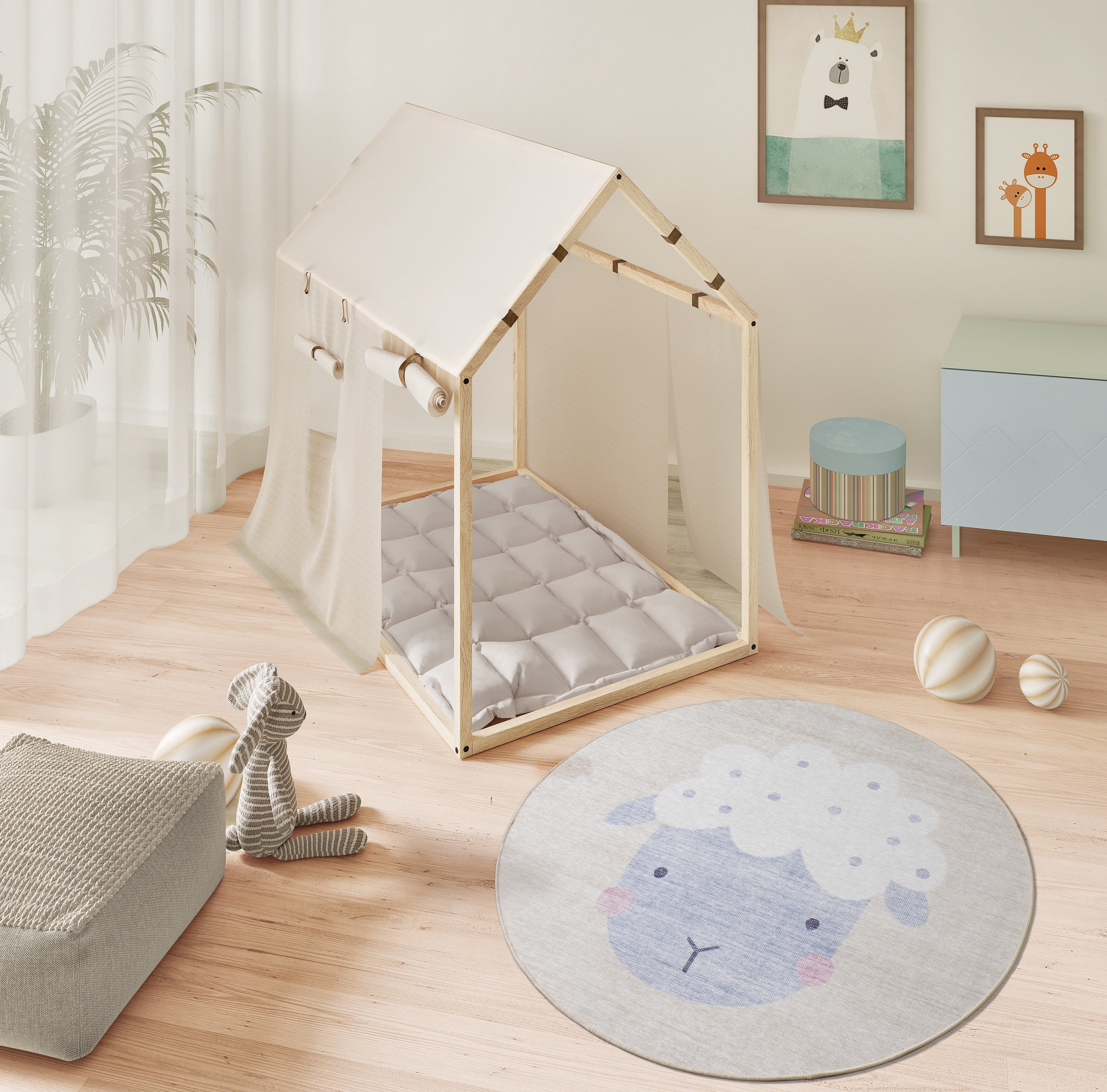 Tapete infantil redondo Candy 24063 creme em ambiente de quarto de bebé