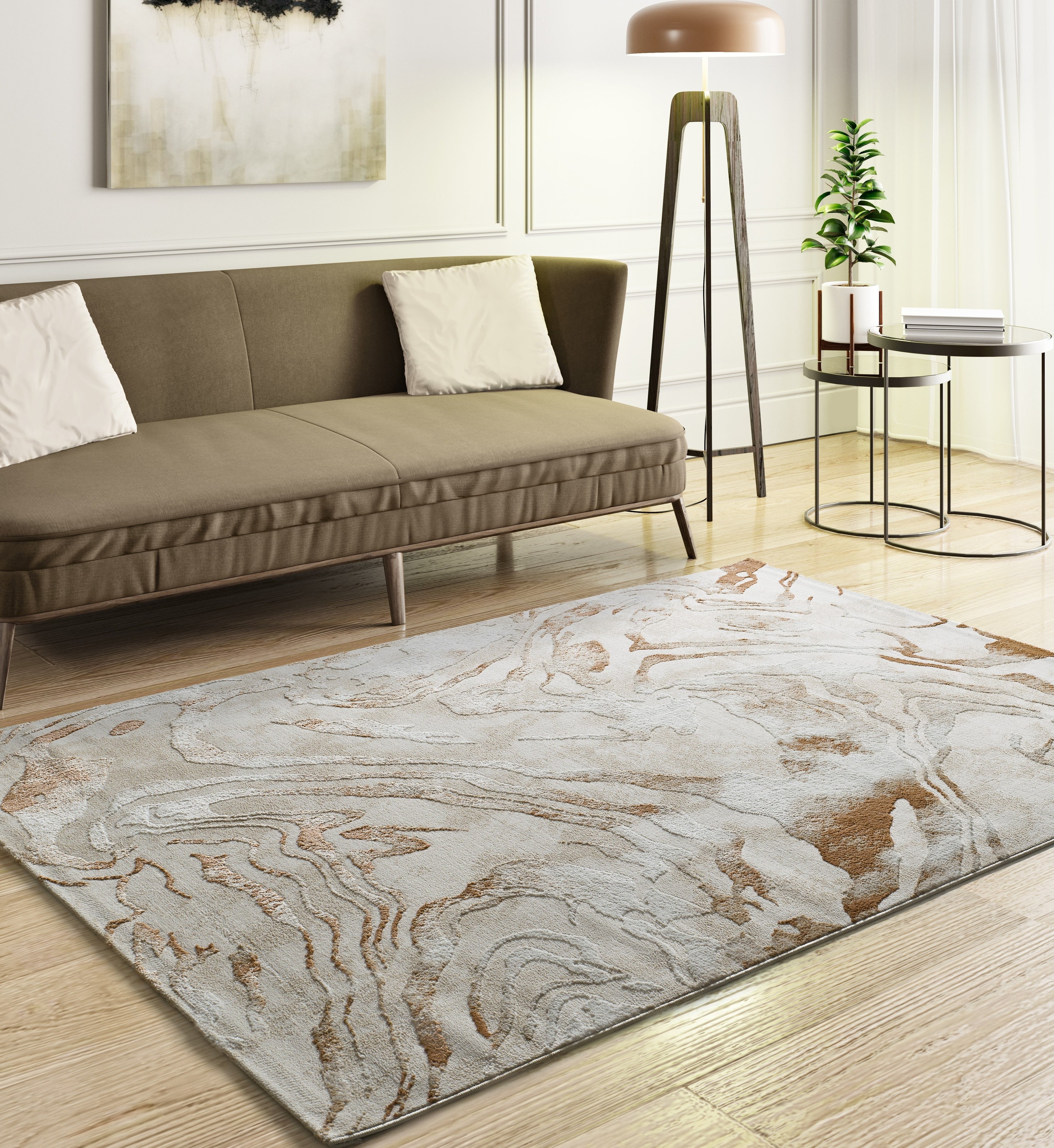 Tapete Keops Caldera em contexto de sala de estar com design abstrato fluido em tons creme e terracota – Paradise Living
