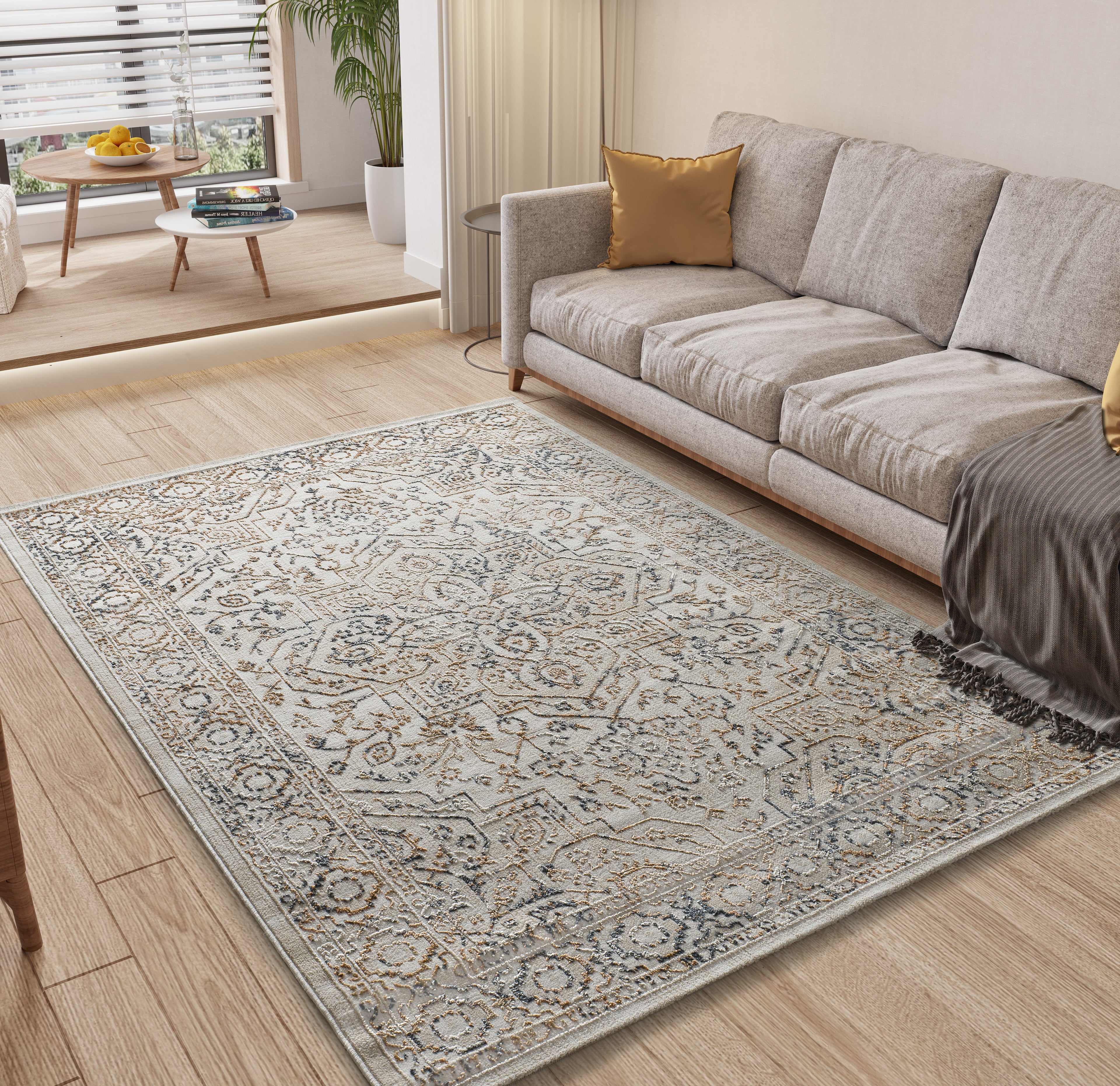 Tapete Keops Multi em contexto de sala de estar, estilo oriental vintage em tons bege, azul e terracota – Paradise Living