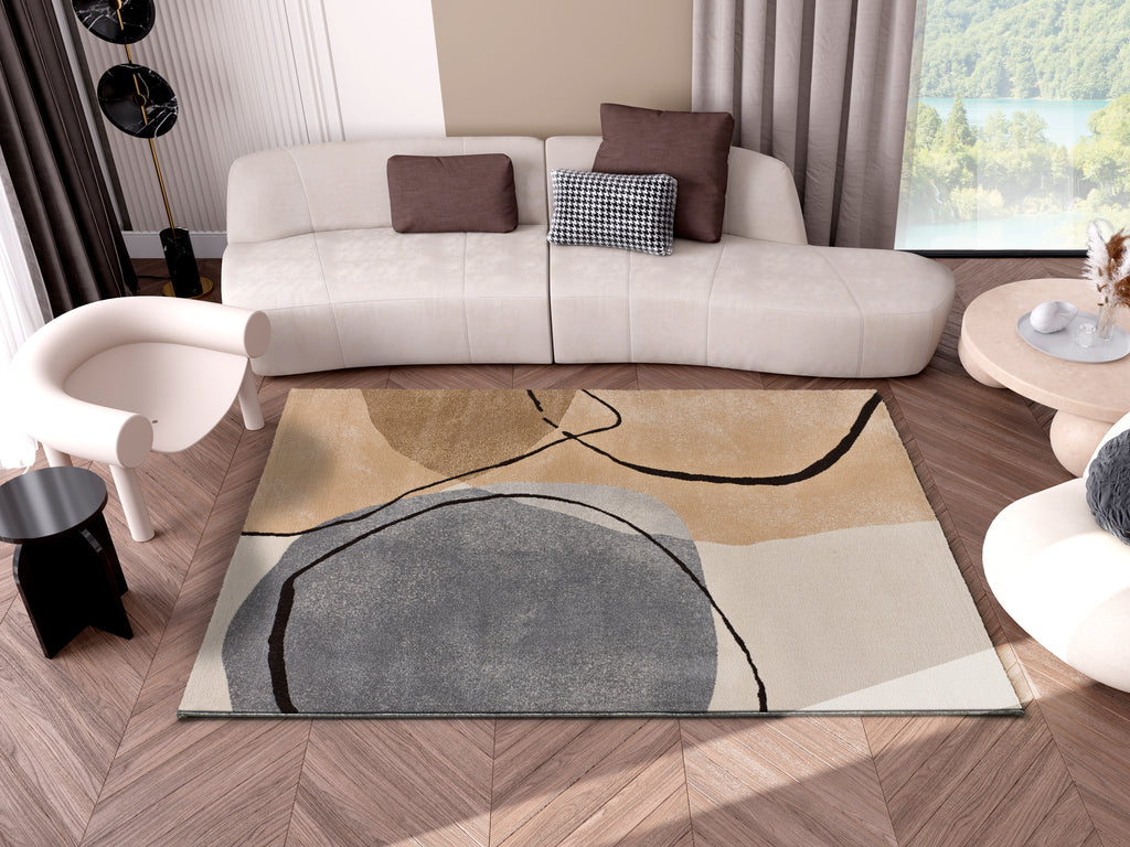Tapete Lessia Abstracta bege em ambiente de sala de estar contemporânea com estilo galeria | Paradise Living
