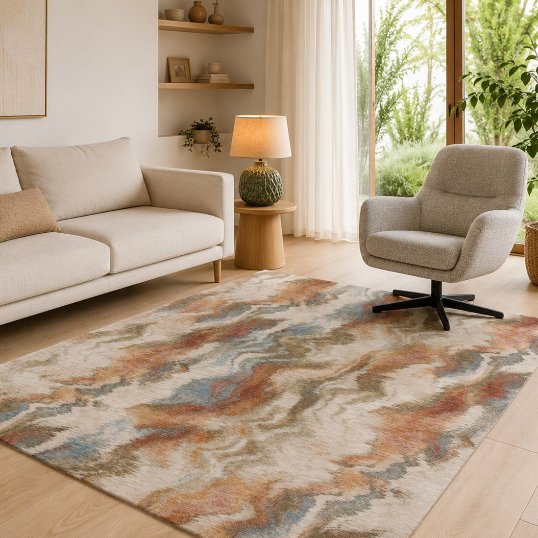 Paradise Living – Tapete Odense 7435/192 Multicolor em sala de estar luminosa com sofá bege, poltrona cinza e porta de vidro para jardim