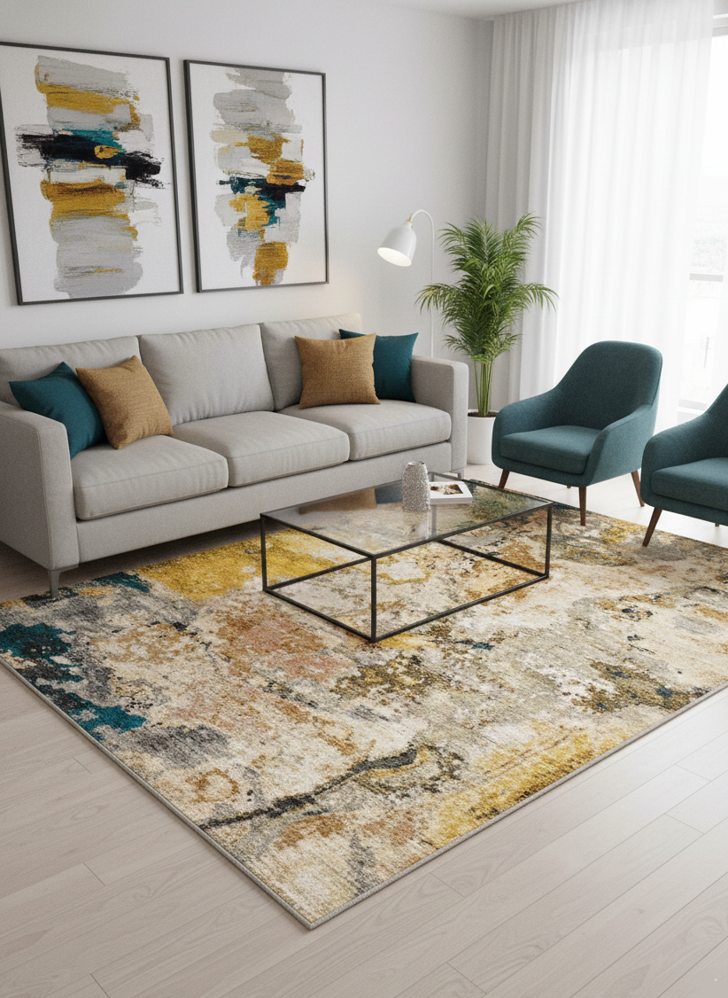 Tapete Anouk abstrato com detalhes amarelos, sala de estar | Paradise Living