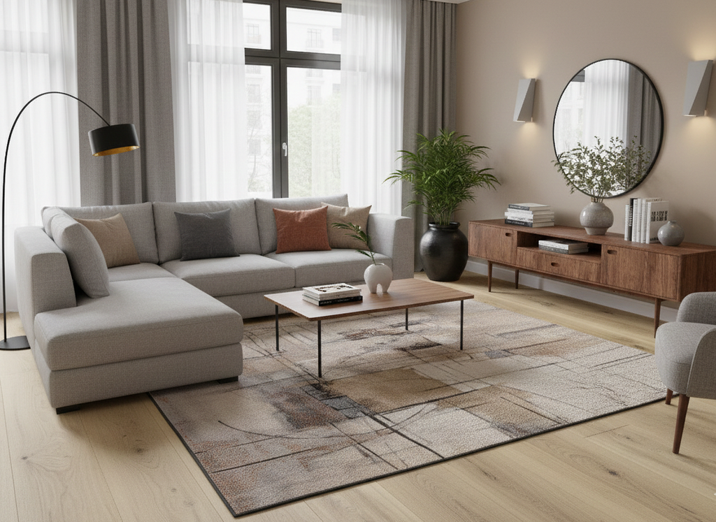 Tapete Beruti abstrato geométrico bege e cinza, sala de estar | Paradise Living