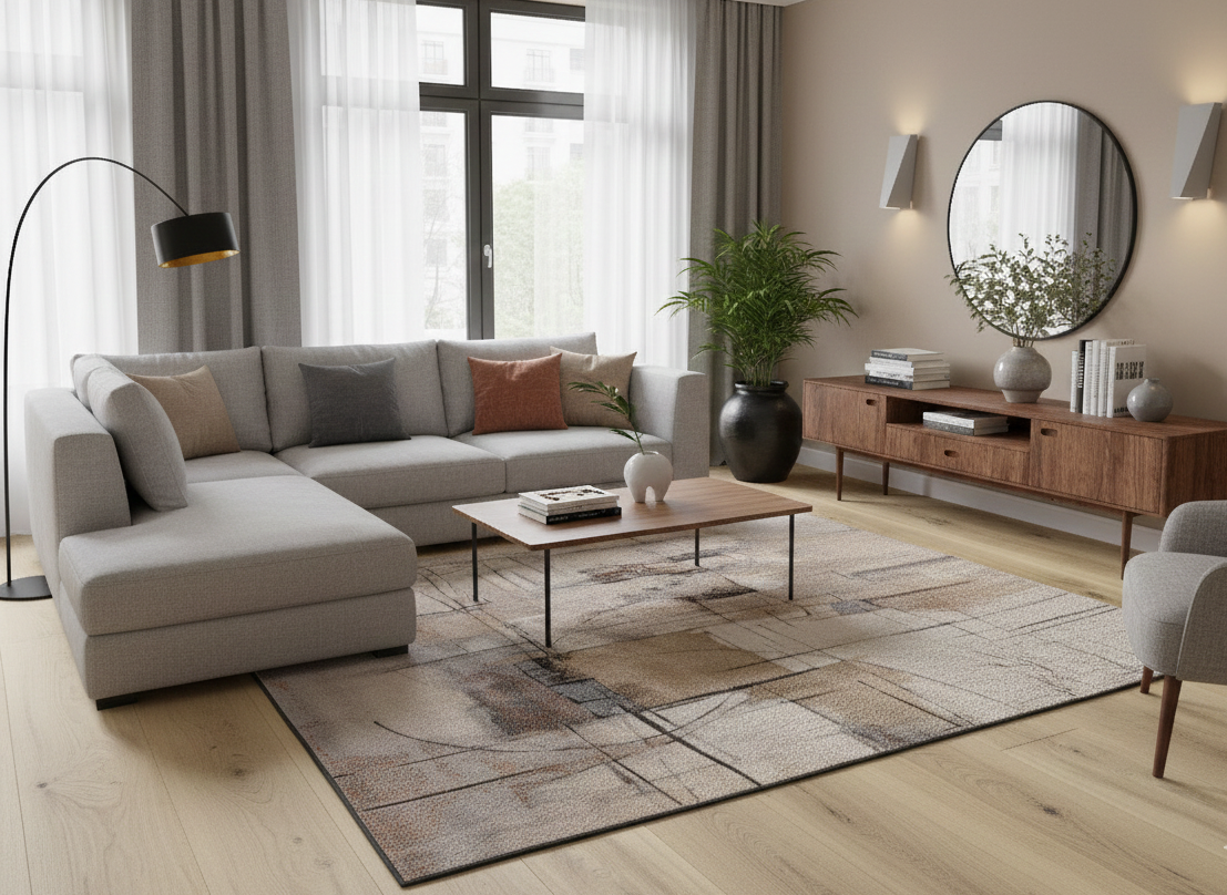 Tapete Beruti abstrato geométrico bege e cinza, sala de estar | Paradise Living