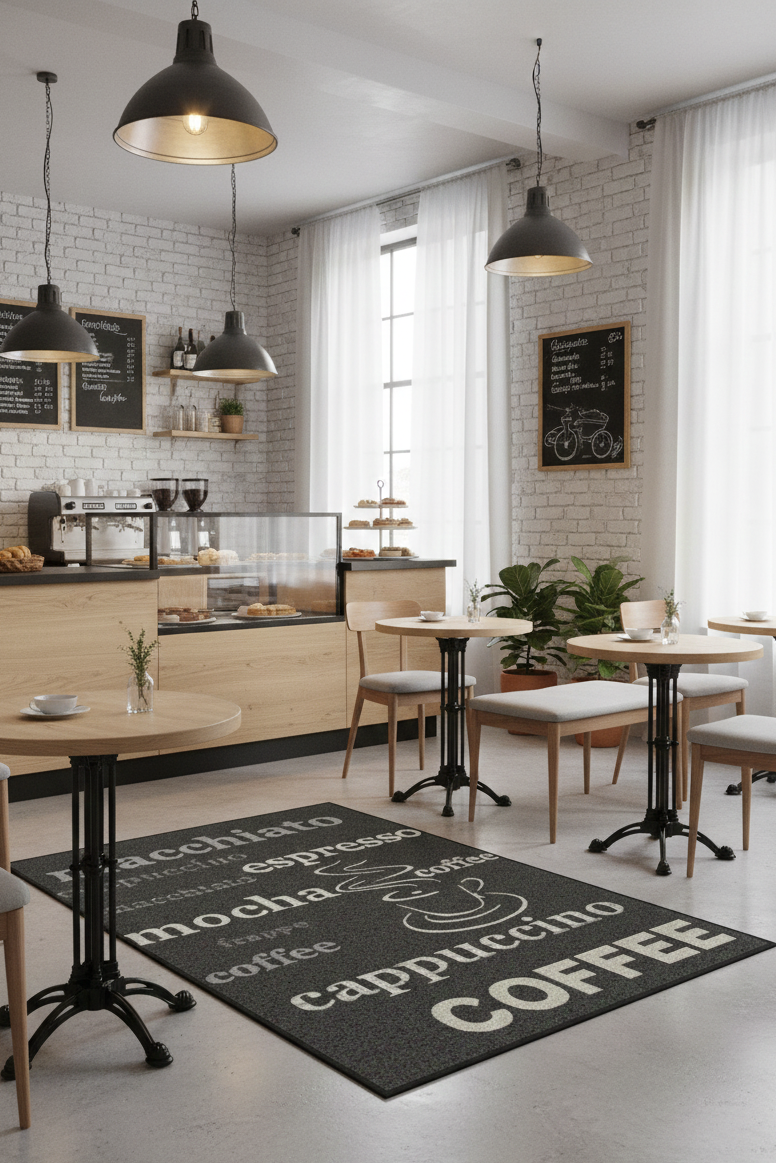 Tapete Coffe padrão café — ideal para comércio e pastelaria, preto | Paradise Living

