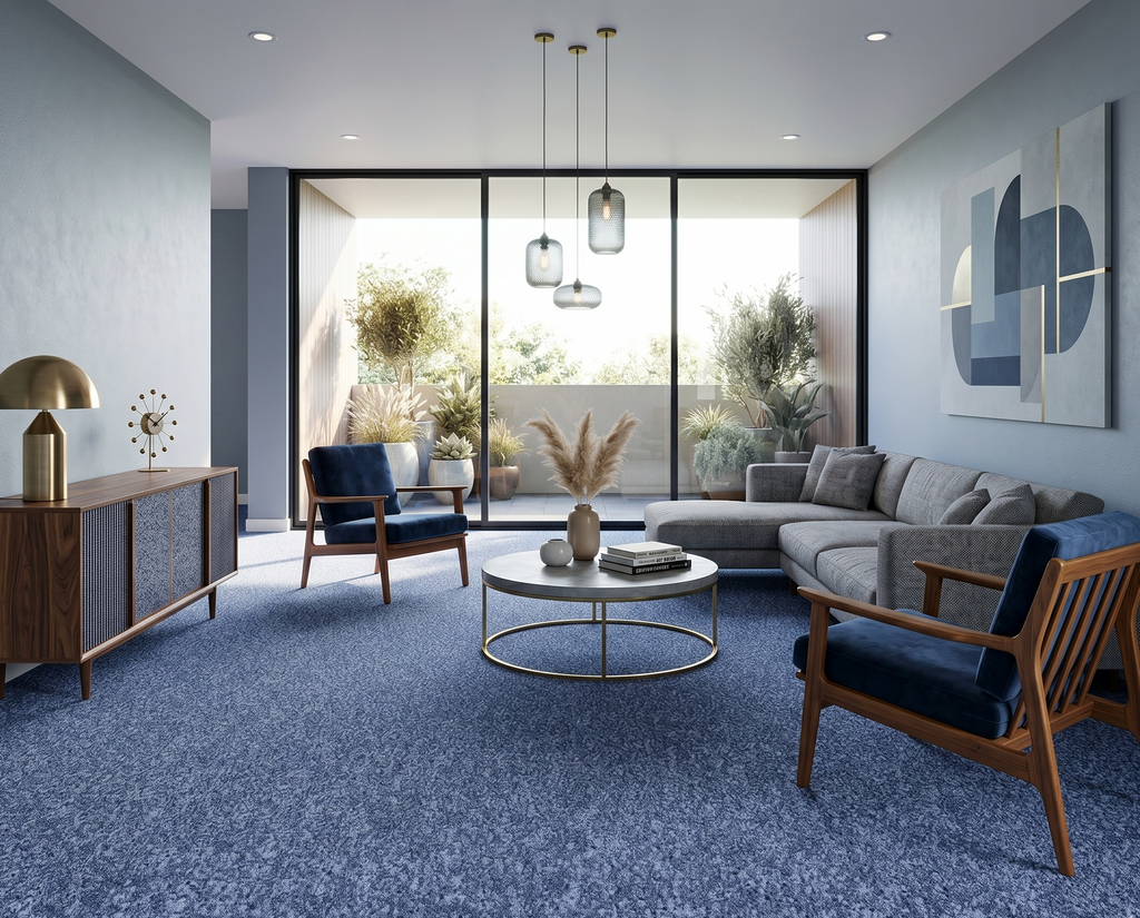 Tapete Condor liso azul feito à medida — sala de estar | Paradise Living