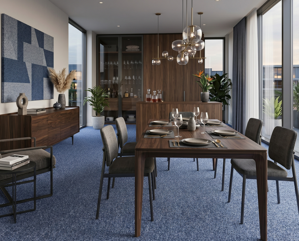 Tapete Condor liso azul feito à medida — sala de jantar | Paradise Living