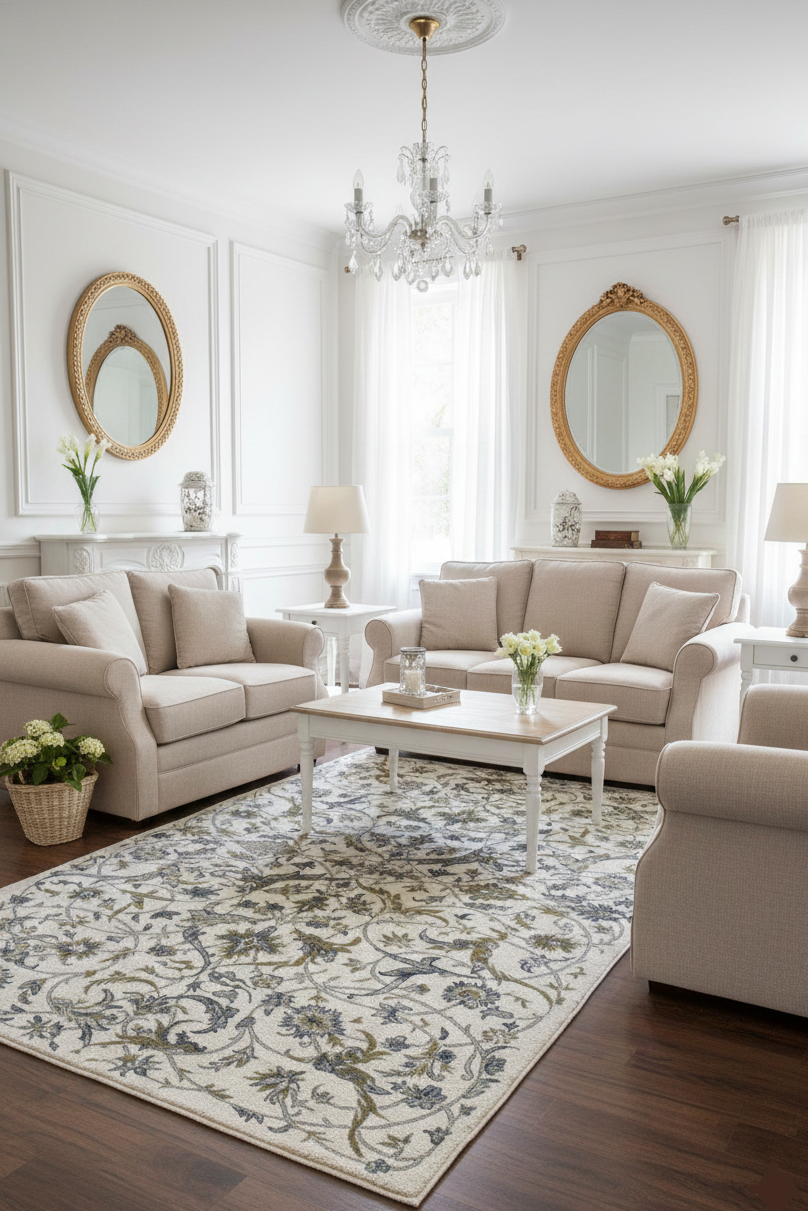 Tapete Damask floral clássico porcelana — design luxuoso, sala de estar 2 | Paradise Living