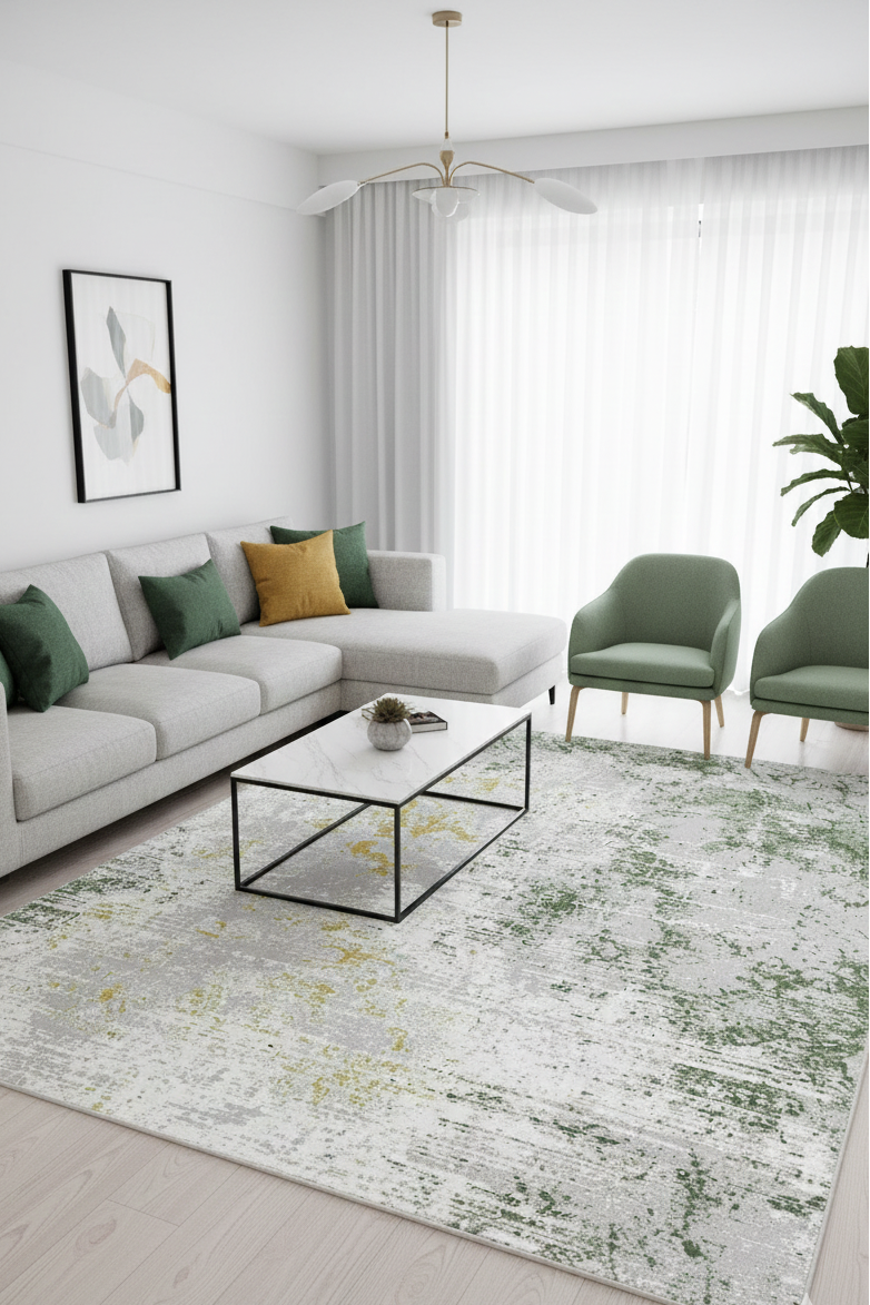 Tapete Skyfall abstrato — padrão contemporâneo, verde, sala de estar | Paradise Living