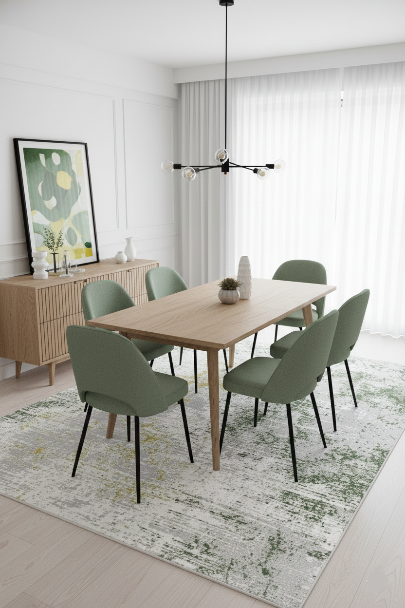 Tapete Skyfall abstrato — padrão contemporâneo, verde, sala de jantar | Paradise Living