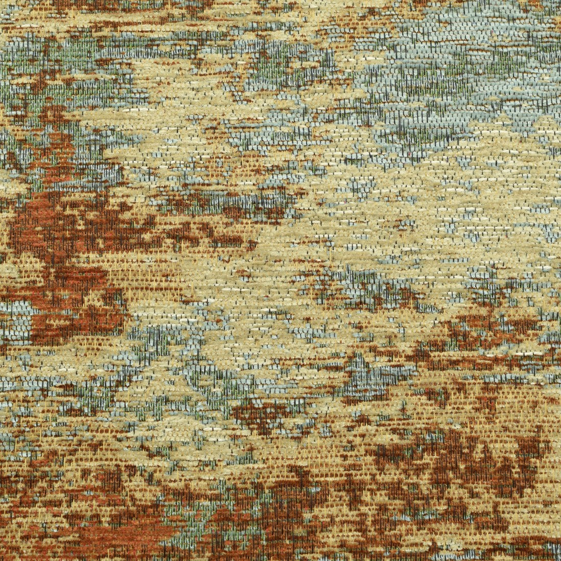 Paradise Living – Tapete Ametist Chenille 287 Multicolor close-up da textura chenille com padrão abstrato em tons azul acinzentado, terracota e bege