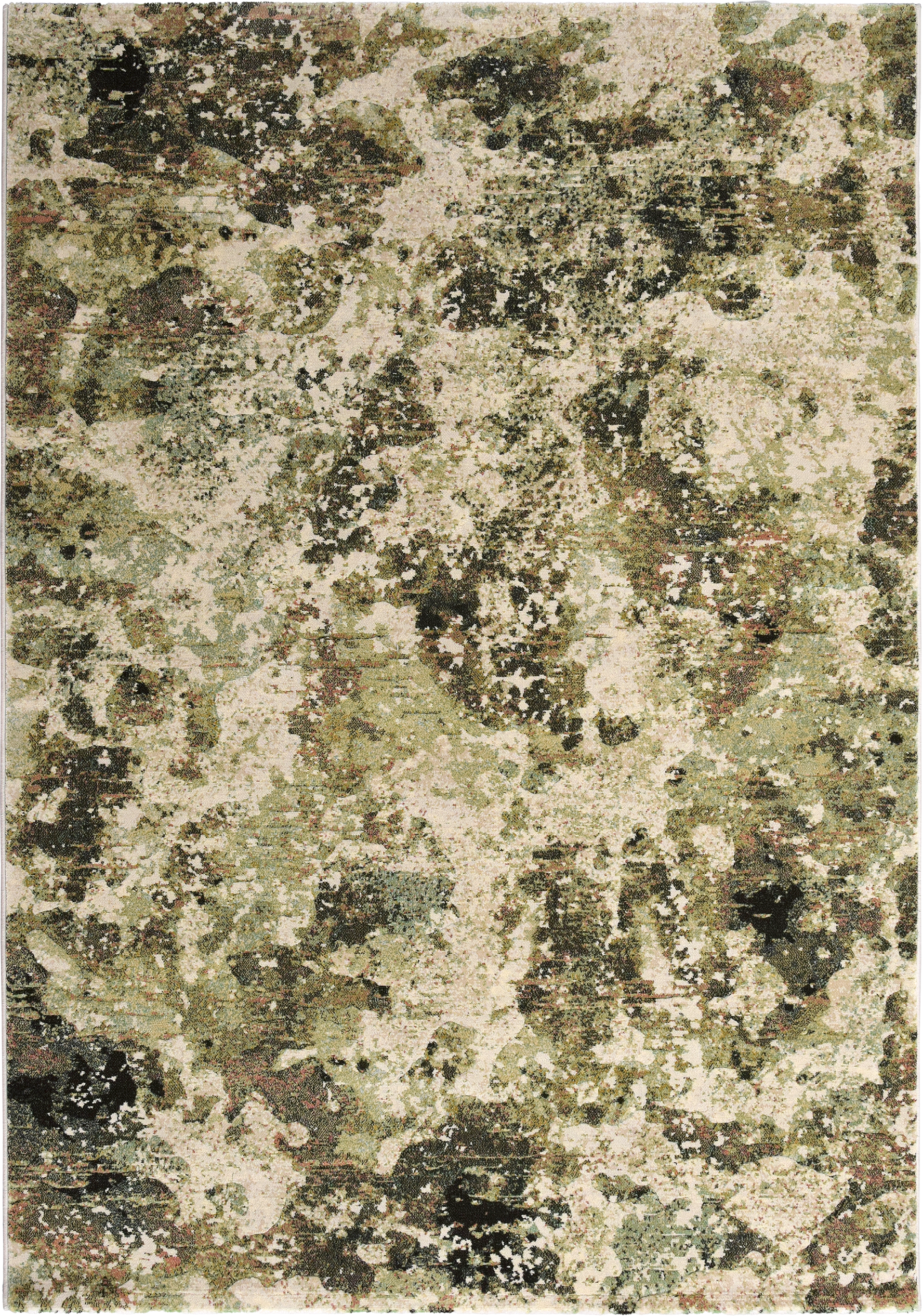 Paradise Living – Tapete Moderno Camille 63872/6444 Verde com padrão abstrato manchado em tons verde, creme e preto